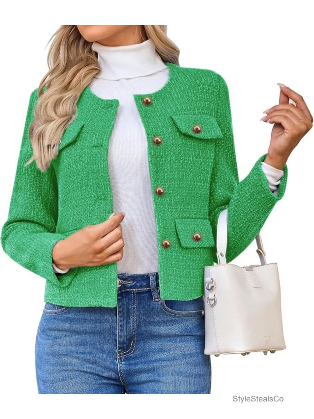 Women's Tweed Blazer Jacket Casual Long Sleeve Button Down Cropped Coat